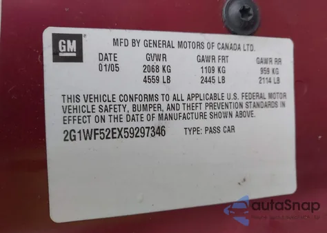 2005 Chevrolet Impala z USA, uszkodzony, nr VIN 2G1WF52EX59297346